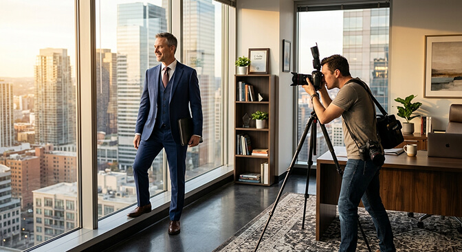 Scenarios where hiring a professional headshot photographer still makes sense including executive branding team shoots and environmental portraits