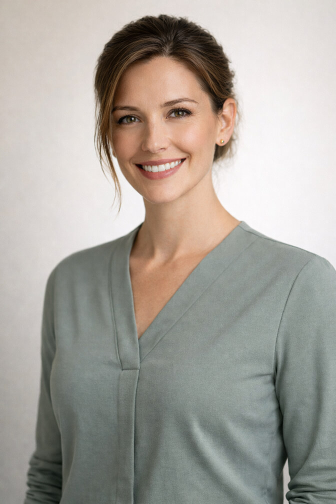 Professional headshot in a soft structured blouse in a calming mid-tone