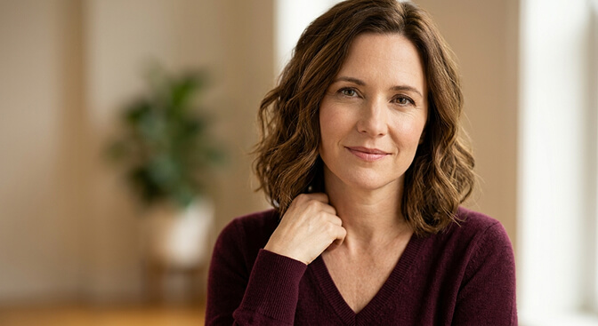 Natural unposed headshot with relaxed shoulders slight body turn and soft eye contact