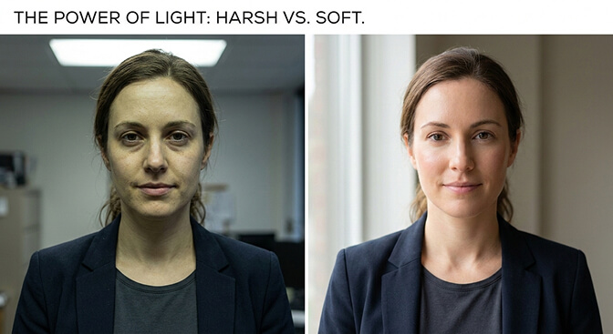 Side-by-side comparison of a bare face under harsh fluorescent lighting versus soft natural window light showing dramatic difference