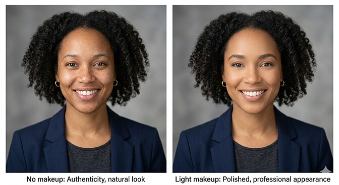 Professional headshot comparison showing a confident bare-faced look next to a light makeup look both appearing equally polished