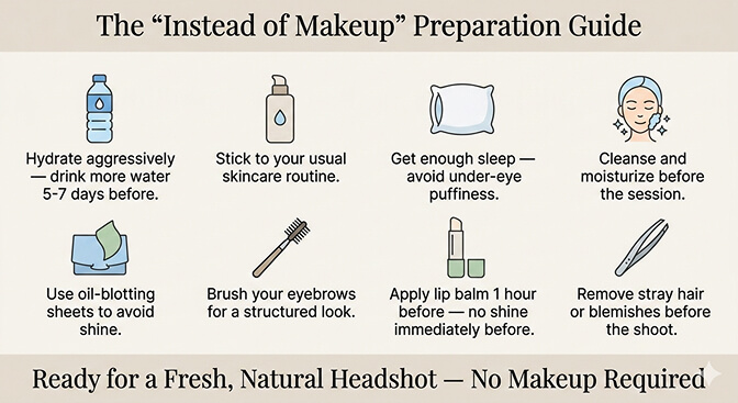 Flat lay of skin preparation essentials for a no-makeup headshot including moisturizer lip balm blotting sheets and spoolie brush