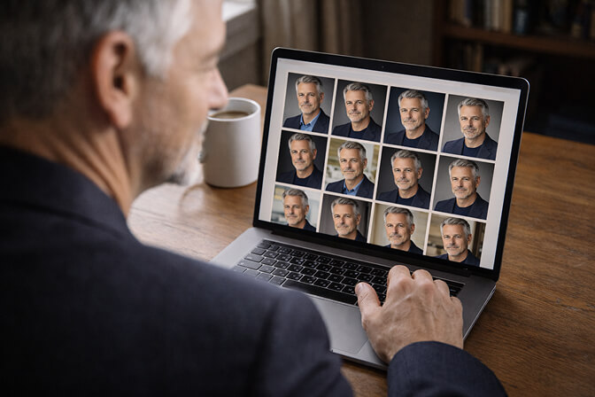 AI-generated professional headshot of a man over 50 with natural features preserved