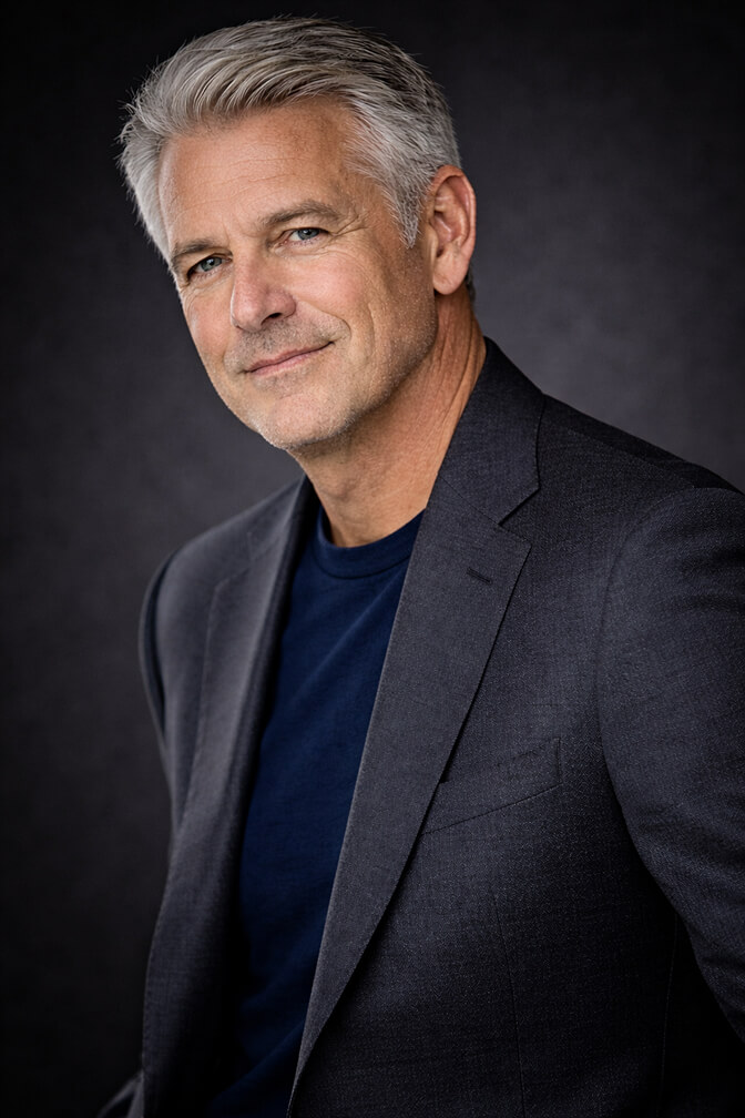 Man over 50 demonstrating the slight body turn pose for a powerful headshot