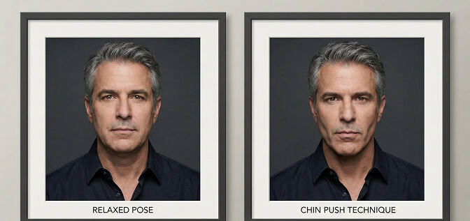 Man over 50 demonstrating the chin push technique to define the jawline in a headshot