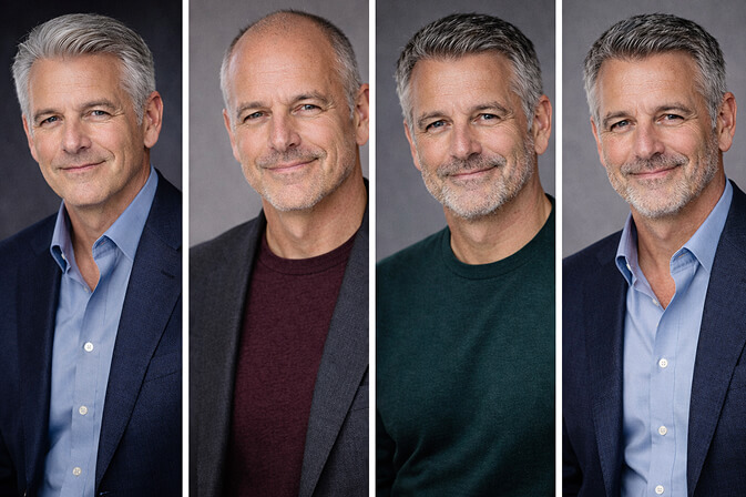 Examples of navy charcoal and jewel-tone outfit colors for men over 50 headshots