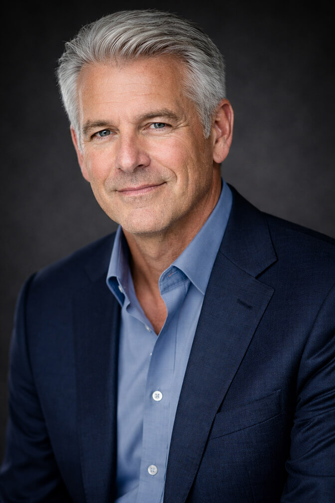 Well-groomed man over 50 with gray hair styled for a professional headshot