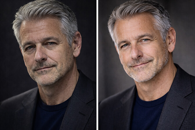 Professional lighting setup showing soft directional light for a flattering male headshot