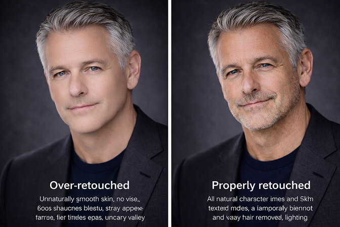 Side-by-side comparison of over-retouched versus naturally edited headshot of a man over 50