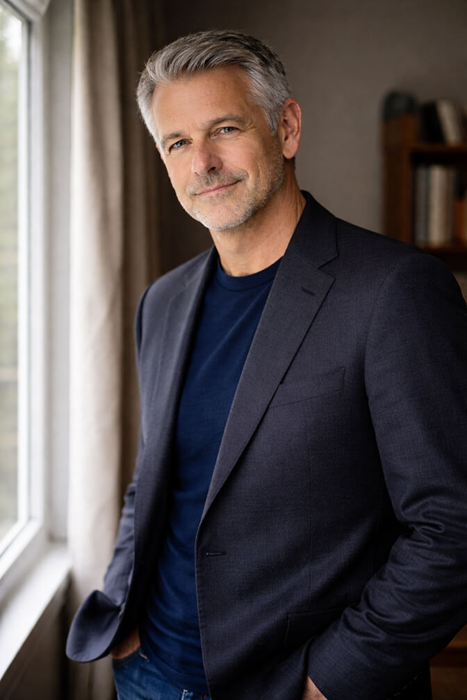 Man standing near a large window using natural light for a DIY headshot at home