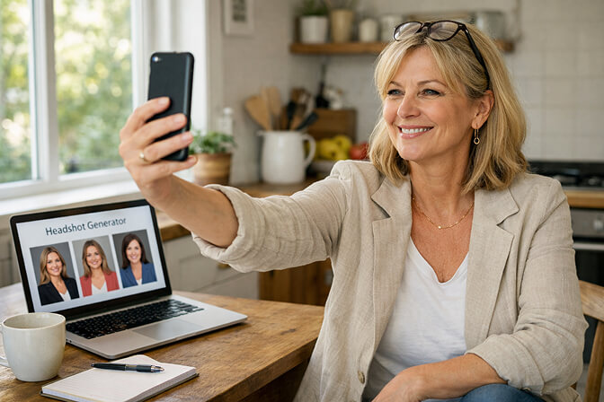 AI-generated professional headshot of a woman over 50 with natural features preserved