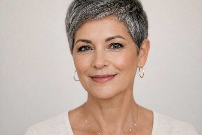 Woman over 50 with natural gray hair and minimal makeup ready for a professional headshot