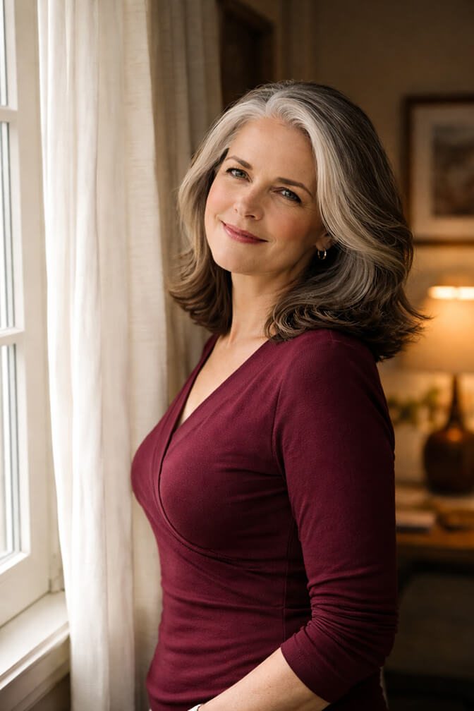 Soft diffused lighting setup for a flattering headshot of a woman over 50