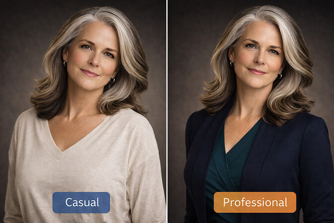 Woman over 50 wearing a jewel-tone blazer for a professional headshot