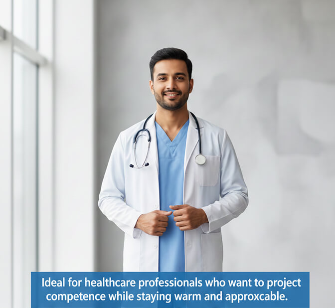 healthcare professional headshot with white coat and warm expression