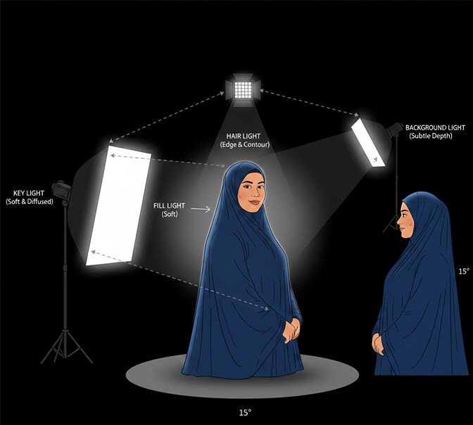 Hijab headshot lighting setup - proper lighting angles for professional photos