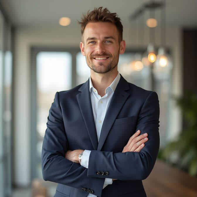 professional headshot on a home office background