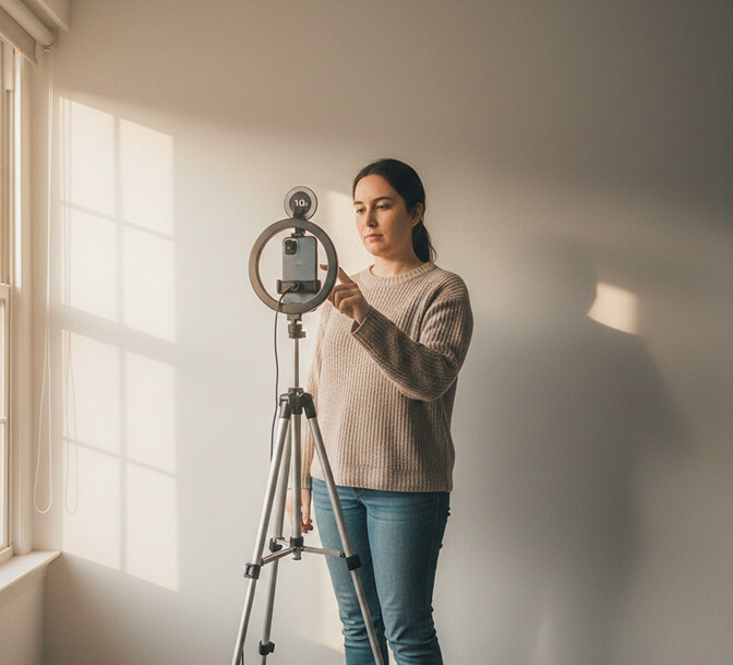 Phone on a tripod near a window set up for a DIY headshot at home