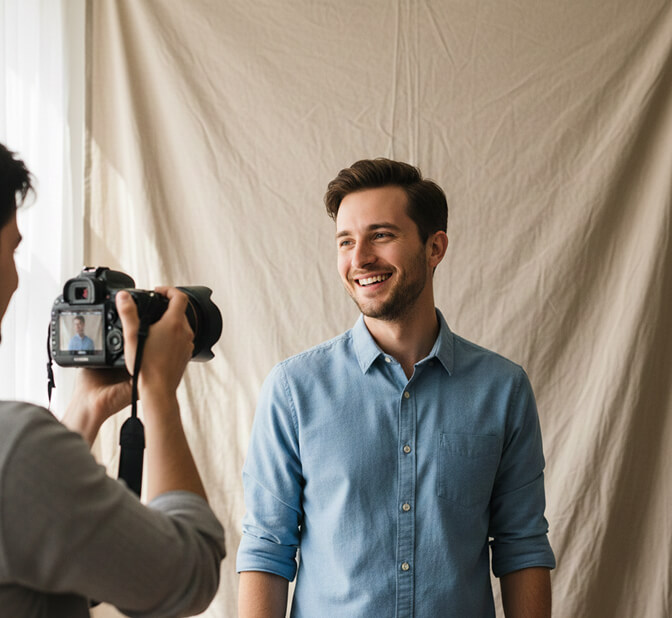 Friend with a DSLR camera taking a headshot portrait in natural light