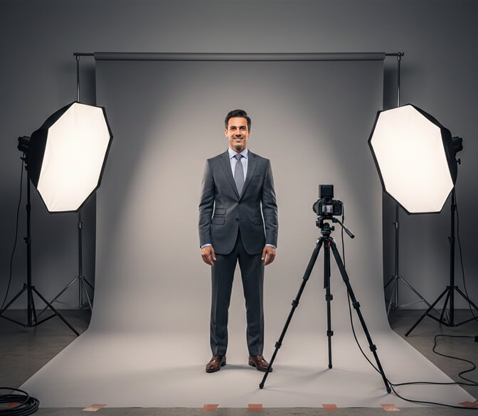 Professional photographer directing a client during a headshot session in a studio