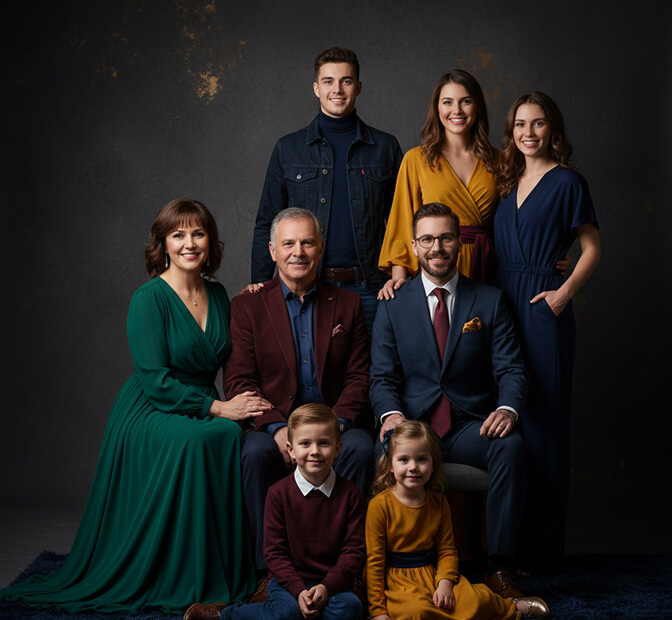 Large family photo featuring jewel tones and navy color scheme with family members dressed in emerald, burgundy, navy, and mustard