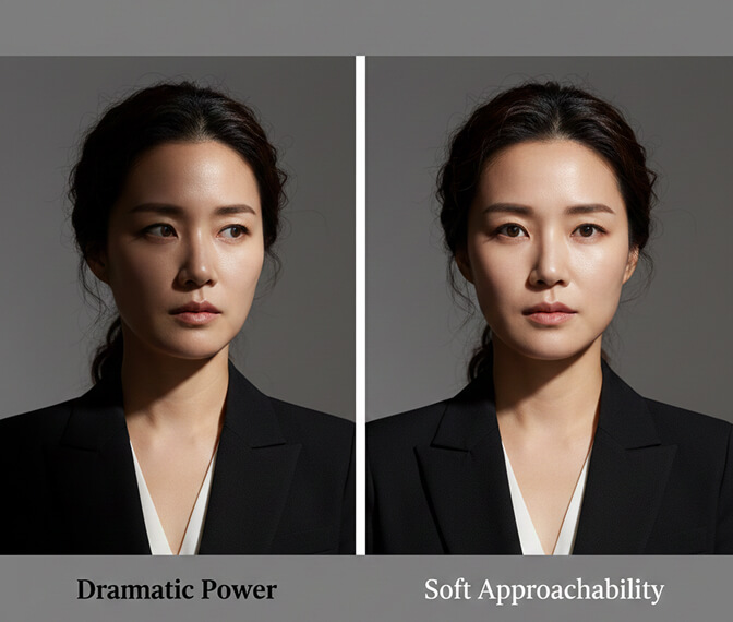 Korean headshot with soft butterfly lighting technique