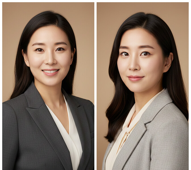 Korean professional headshot with soft approachable expression