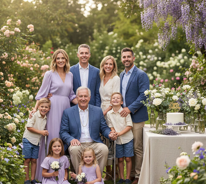 Large family photo featuring lavender, slate blue, and cream color scheme with family dressed in soft lavender, slate blue, and cream tones