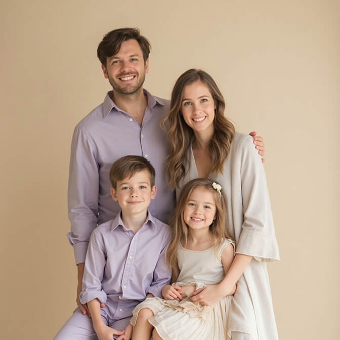 family of four dressed in soft lavender and cream tones, posing together against a beige backdrop.