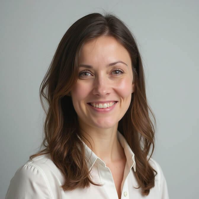 professional headshot on a light gray studio background