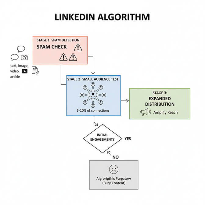 LinkedIn algorithm three-stage filter showing spam detection, small audience test, and content distribution