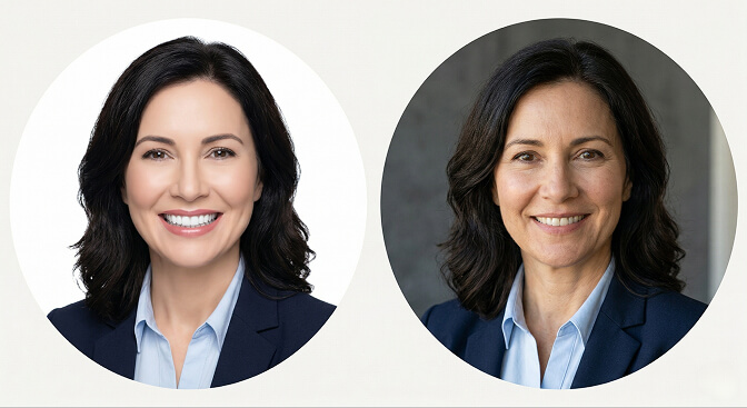 Comparison of outdated over-retouched headshot style versus modern authentic polished look trending on LinkedIn in 2026