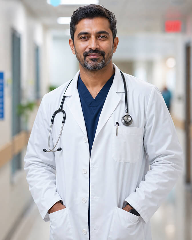 Male doctor in a white coat with a stethoscope, relaxed posture and warm expression in a clinic hallway