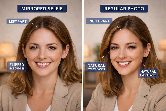 Side by side comparison showing how a mirrored face looks different from a camera captured face due to the mere exposure effect