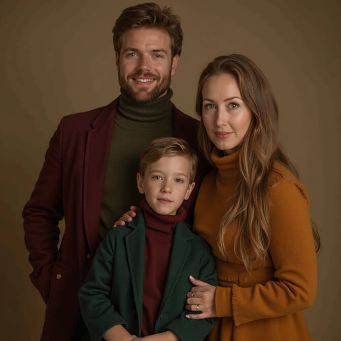 family of three dressed in jewel tones-burgundy, green, and mustard, posing together against a warm background