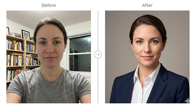 AI generated modern corporate headshot examples showing multiple professional styles created from casual selfie uploads
