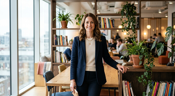 Environmental portrait headshot style showing a professional in a modern office setting with softly blurred background