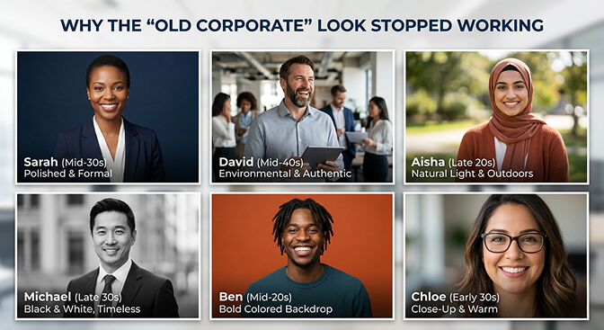 Side by side comparison of outdated stiff corporate headshots versus modern approachable professional headshot styles