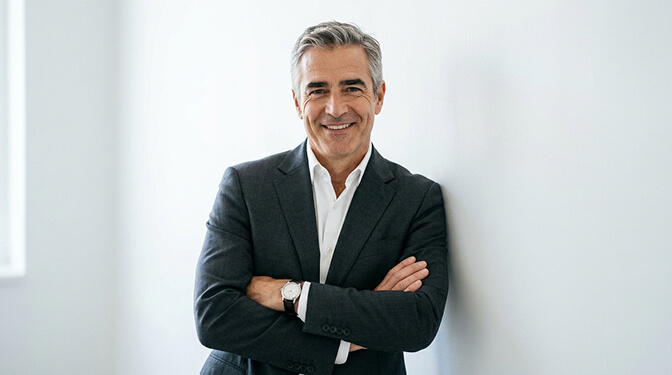 Relaxed leadership headshot pose with angled body natural lean and confident approachable expression