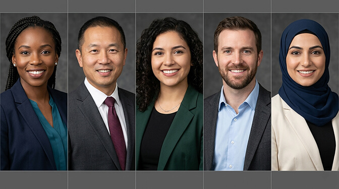 Team consistent headshot style showing multiple professionals with matching backgrounds lighting and crop ratios for company pages