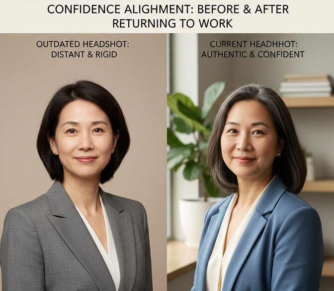 Before and after AI headshot transformation for working mom returning from maternity leave