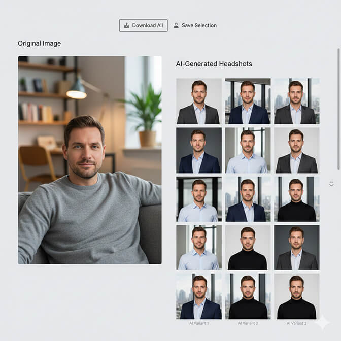Original selfie photo transformed into professional AI-generated headshot showing studio-quality lighting and background
