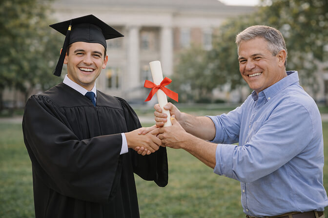 Parent handing diploma to graduate in a staged ceremony style pose outdoors