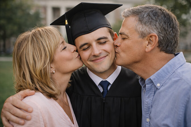 Both parents kissing the graduate on the forehead while graduate smiles with eyes closed