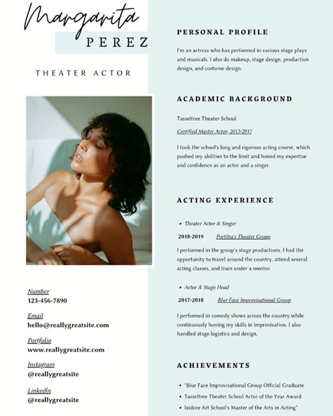 actress resume template showcasing professional personal information