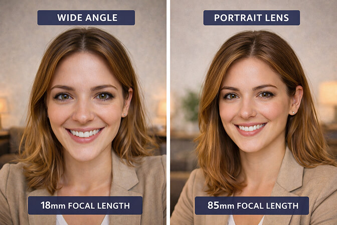 Illustration showing how phone camera wide angle lens distorts facial features making nose appear larger and face wider
