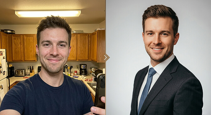 Before and after showing how AI headshot generators transform casual selfies into professional resume photos in minutes