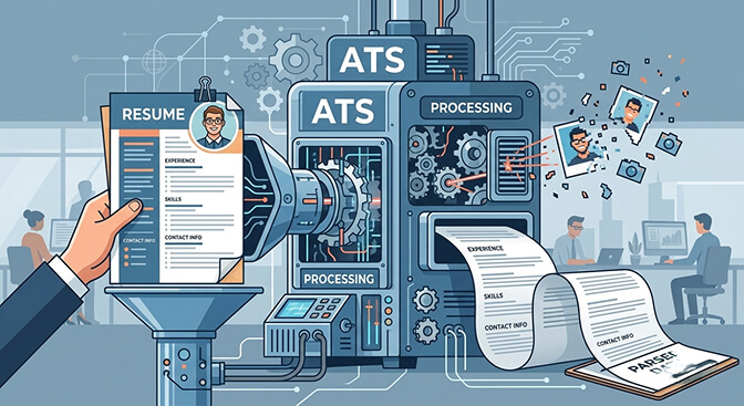 Diagram showing how applicant tracking systems process resumes and often strip embedded photos from applications