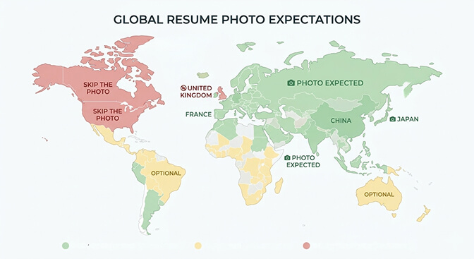 Infographic showing resume photo norms by country with US UK and Canada recommending no photo and Germany Japan and UAE expecting one