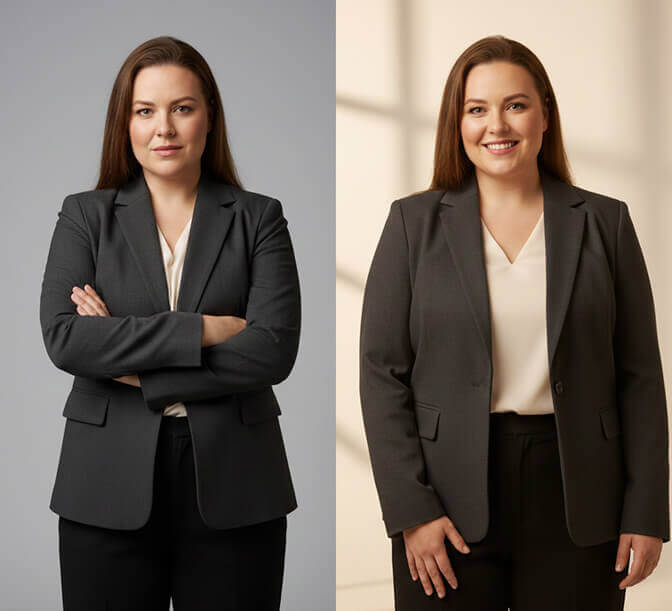 Plus size professional headshot example showing confident posing techniques